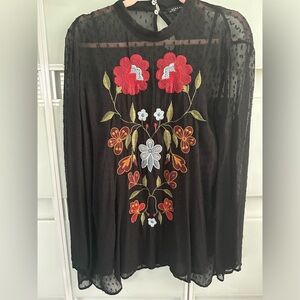 Zara black sheer embroidered floral fall blouse size M
